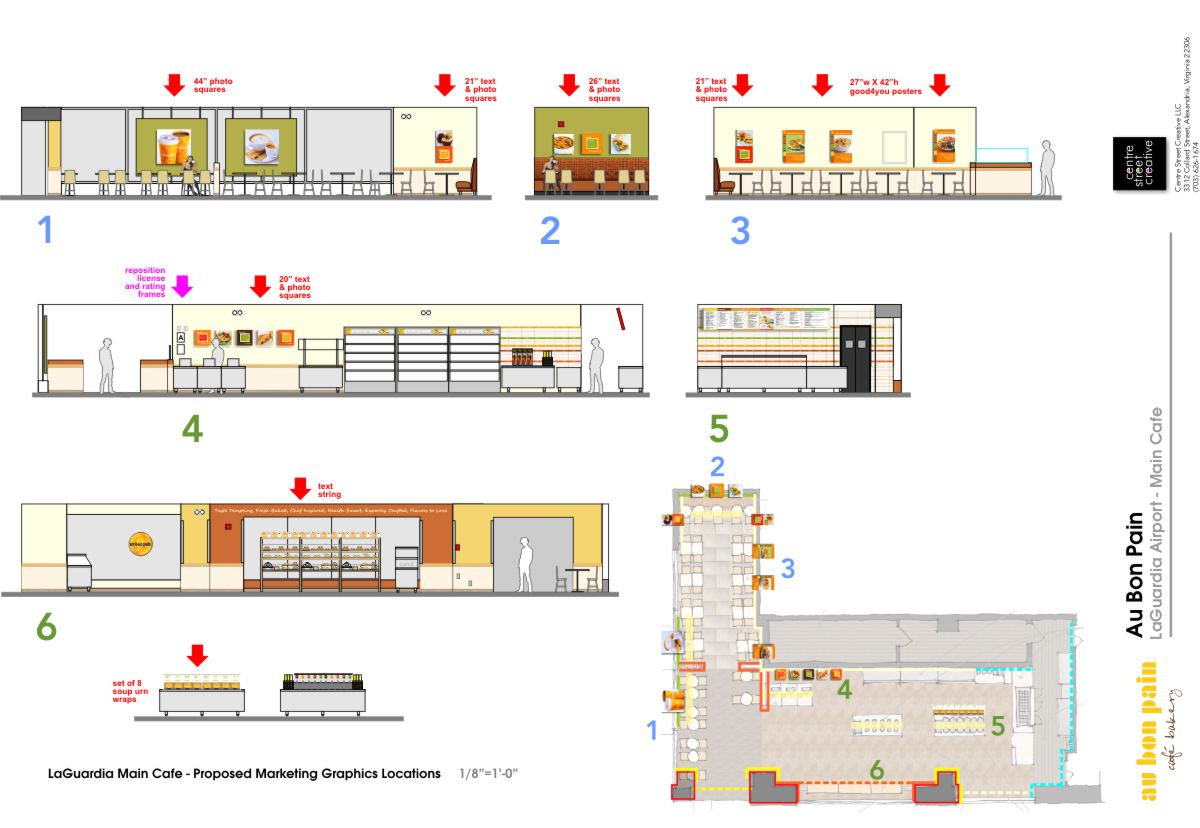 Au Bon Pain Interior Graphic Design modular food photo and brand text system illustrated specifications for application at LaGuardia Airport fast casual dining restaurant typical of 140 locations by Centre Street Creative