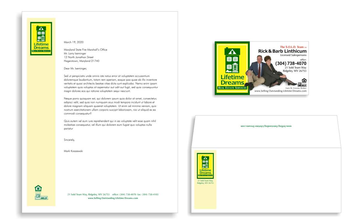 Business collateral design showing letterhead, envelope and business card with bright yellow and grass green logo incorporating a simple graphic icon of a charming two-story house that is appropriate for both lower, middle and upper income clients and vivid to be seen from a distance on the roads and highways driving by for sale properties in this rural West Virginian countryside as designed by Centre Street Creative 