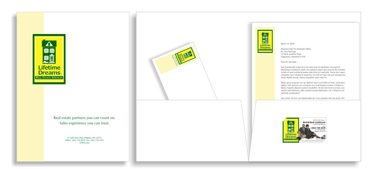 Document folio design using inexpensive Vistaprint online printing customizable template with brand consistent bright yellow and grass green logo by Centre Street Creative