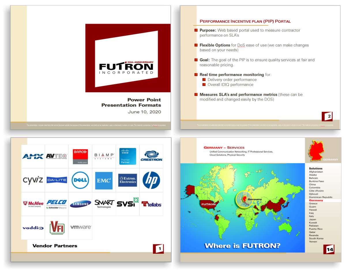 Futron Incorporated brand identity guidelines for preparation of customized Power Point presentations that outline service capabilities and qualifications. Corporate Identity Graphics by Mark Ksiazewski at Centre Street Creative 