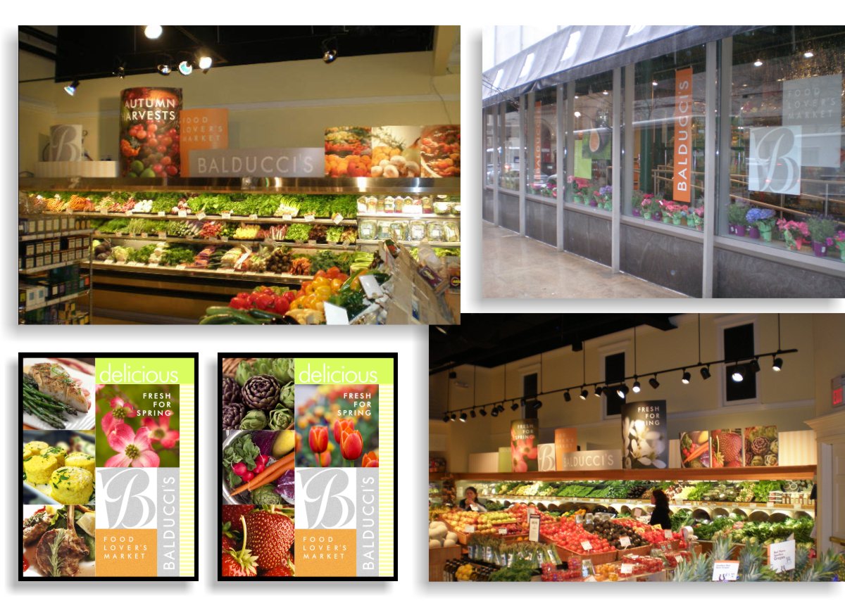 Photos of interior reconfigurable affordable seasonal graphic elements, food photos, seasonal photos and text elements large format printed on styrene and shown placed in storefront windows and above refrigerated display cases.