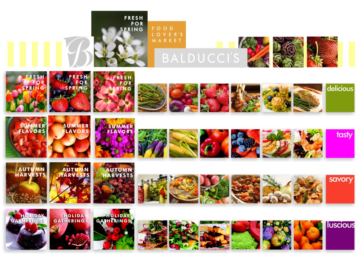 Array of elements for each season shown juxtaposed including three large title photos plus six smaller food photos plus one bright solid color text square per season. Fresh for Spring strawberries, tulips and dogwood, followed by asparagus, carrots, lamb chop, saffron risotto and fresh salmon next to a bright green square declaring them Delicious. Summer Flavors tomatoes, apricots and Gerber daisies in orange and magenta followed by green pea pods, corn on the cob, red peppers, cut fruit salad, red and green tomato Caprese salad and shrimps in a fresh green salad next to a bright magenta square declaring them Tasty. Autumn Harvests caramel candy apples, fall colored leaves and a cornucopia of fruit pears, red grapes, apples and ornamental squash followed by mason jar vegetables, hearty crock of chicken soup, beef stew, and a fish cioppino stew next to a bright russet square declaring them savory. Holiday Gatherings molten chocolate cakes dusted with powdery white sugar, a cluster of pomegranates, and winter holly berries and leaves in the snow followed by cranberry goat cheese salad, thick french toast with berries, winter apples and clementines next to a right plum purple square declaring them luscious.   