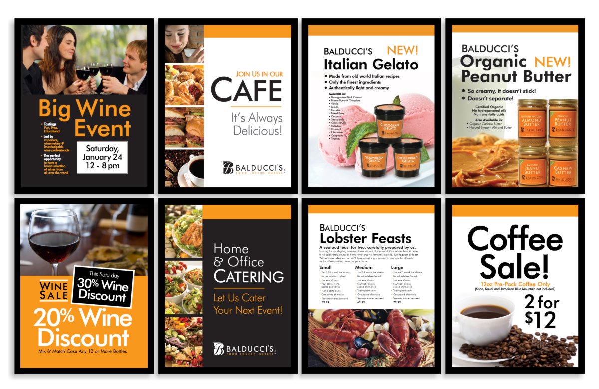 marketing graphic design series of stanchion size 22x28 inch promotional poster signage using consistently branded typefaces with logo orange, black framing and simple white text that talks about taste and flavor first 