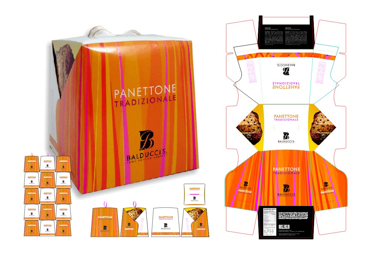 Panettone holiday gift box packaging design one side with a pattern of random vertical stripes in orange, vermillion, hot pink and magenta, with the other side in white, black logo and a thin bottom border in the random orange pink stripes, so that when panettone boxes are stacked for display it forms a brand compatible white and orange checkerboard festive for the holidays. Design by Mark Ksiazewski at Centre Street Creative Food Market Design.