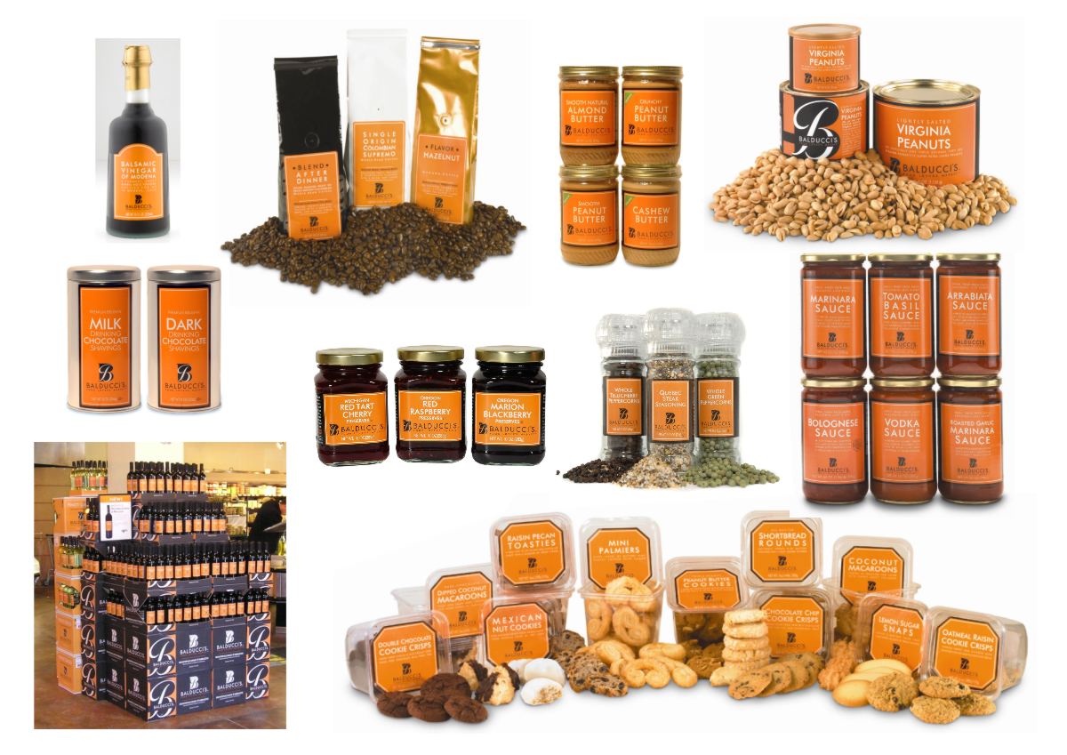 Array of 10 photos showing brand family of orange and black private label packaging graphic design for balsamic vinegar from Modena Italy, roast coffee, peanut butter, roasted peanuts, cocoa, jams and preserves, spices, marinara spaghetti sauces, house red and white wines and assortment of eleven flavors of cookies designed by Mark Ksiazewski at Centre Street Creative Food Market Design 