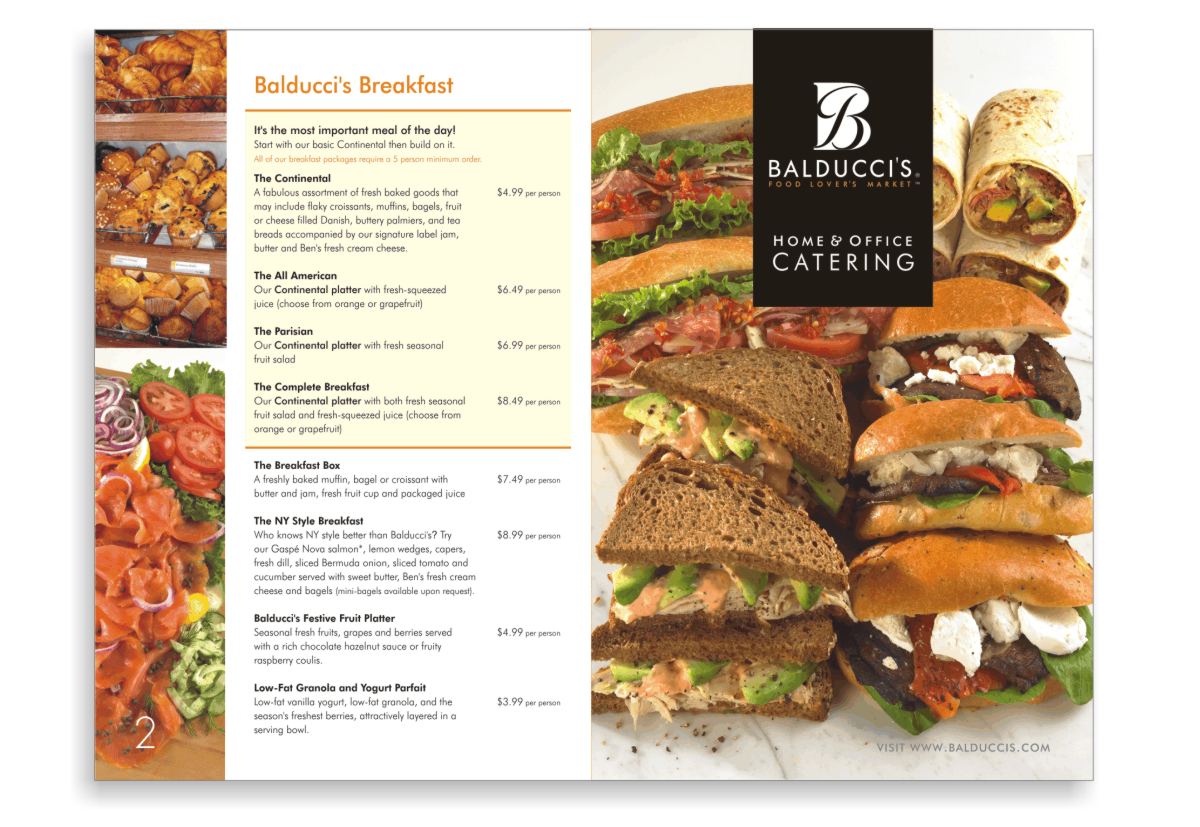 Catering menu graphic design and food photography styling  showing a cover with stacks of sandwiches turkey with avocado and Russian dressing, Caesar Hero or and Italian cold-cut hoagie style sandwich, marinated tips of beef with roasted red peppers, arugula and goat cheese and wrap sandwiches with roast beef avocado and Boursin cheese. On the back cover and array of bakery products, croissant and muffins and a breakfast catering platter with sliced smoked salmon and condiments like cucumber salad with dill, sliced red onion, capers, lettuce and sliced tomato.   