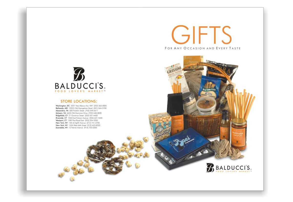 photo showing gift catalog front and back cover layout and product photography styling including Balducci