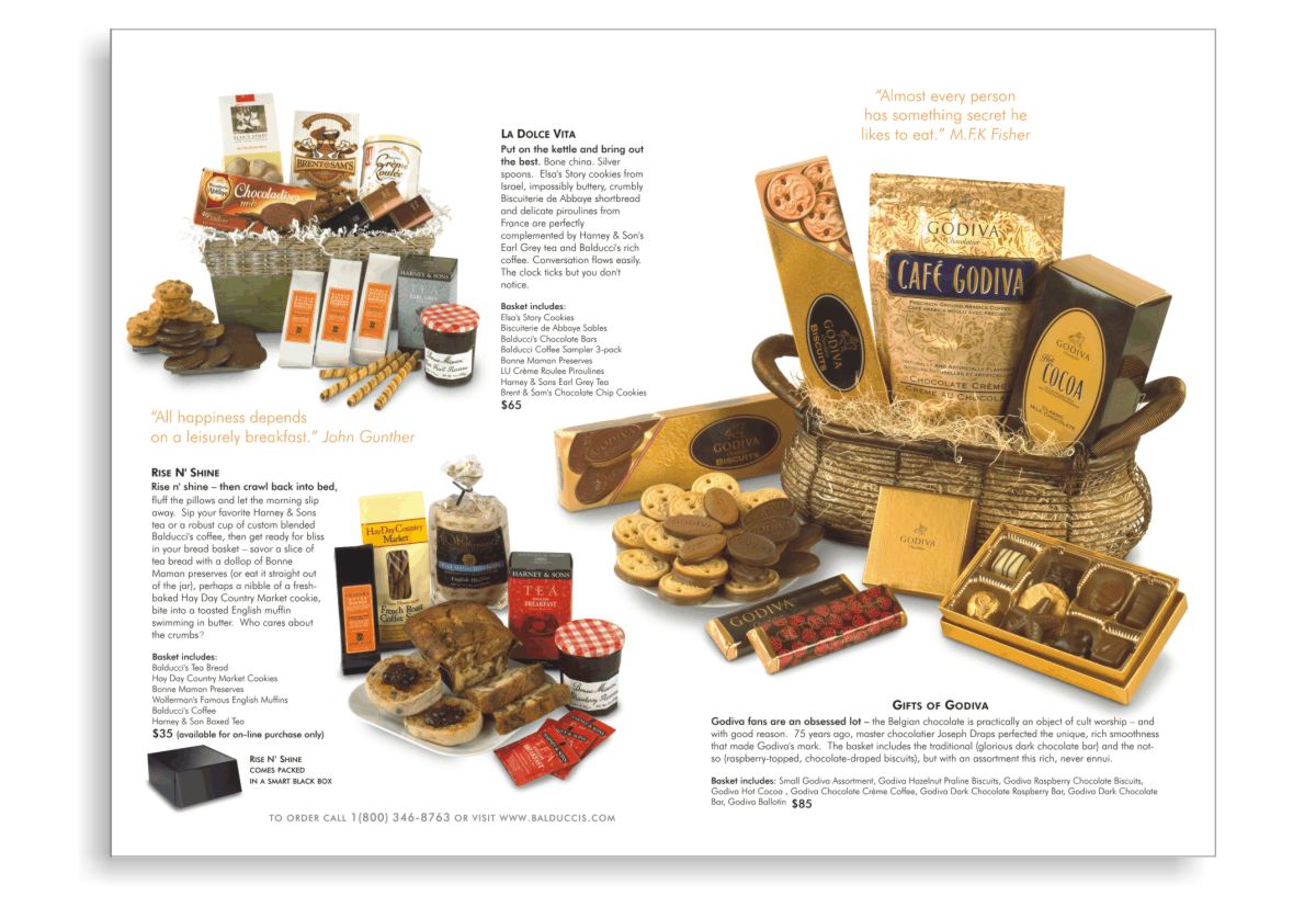 additional gift catalog layouts and product photography styling featuring three gift baskets. Gifts of Godiva ballotin of chocolates, tins of cocoa, chocolate bars, vacuum bags of chocolate coffee and  boxes and plates of cookies. La Dolce Vita gift basket including chocolate chip cookies, chocolate rolled piroullines, Harey and Sons Earl Grey Tea, Bonne Mamon Preserves, three-pack of Balducci