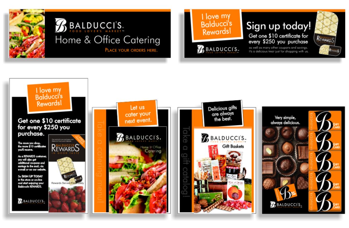 Six layouts showing compatible marketing graphic vocabulary for in-store promotions including large format posters for Home and Office catering and Balducci