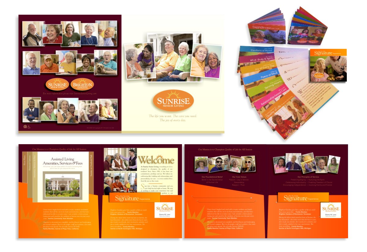 Photograph of Sunrise Senior Living sales literature folio layout shown flat and Signature Experience booklet to illustrate the new enhanced orange oval logo, white sunrise lettering and golden yellow sunrise icon that includes an array of photography in the new candid style that shows seniors interacting in a thriving community of companionship and interaction to illustrate the Joy of Every Day designed by Mark Ksiazewski at Centre Street Creative