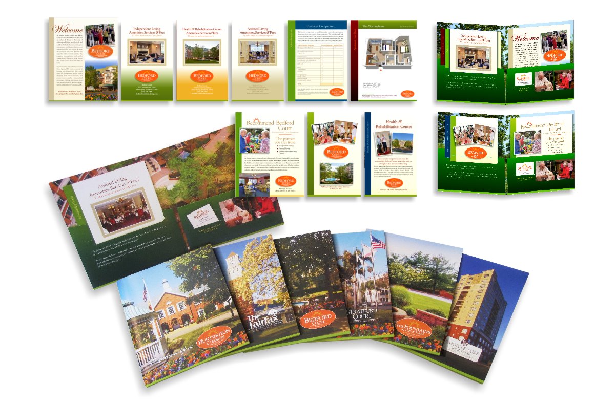 Photo array of Sunrise Senior Independent Living marketing materials including folio covers for Huntington Common, The Fairfax, Bedford Court, Stratford Court, The Fountains at Cedar Parke and Thorne Mill on Steeles, plus print-on-demand sales collateral folio inserts and materials for specific community features, photos, price lists and floor plan inserts designed by Centre Street Creative. The Independent Senior Living materials exhibit a greater use of blue skies, green landscaped areas to depict fresh air, out door activities and freedom for more active senior adults.  