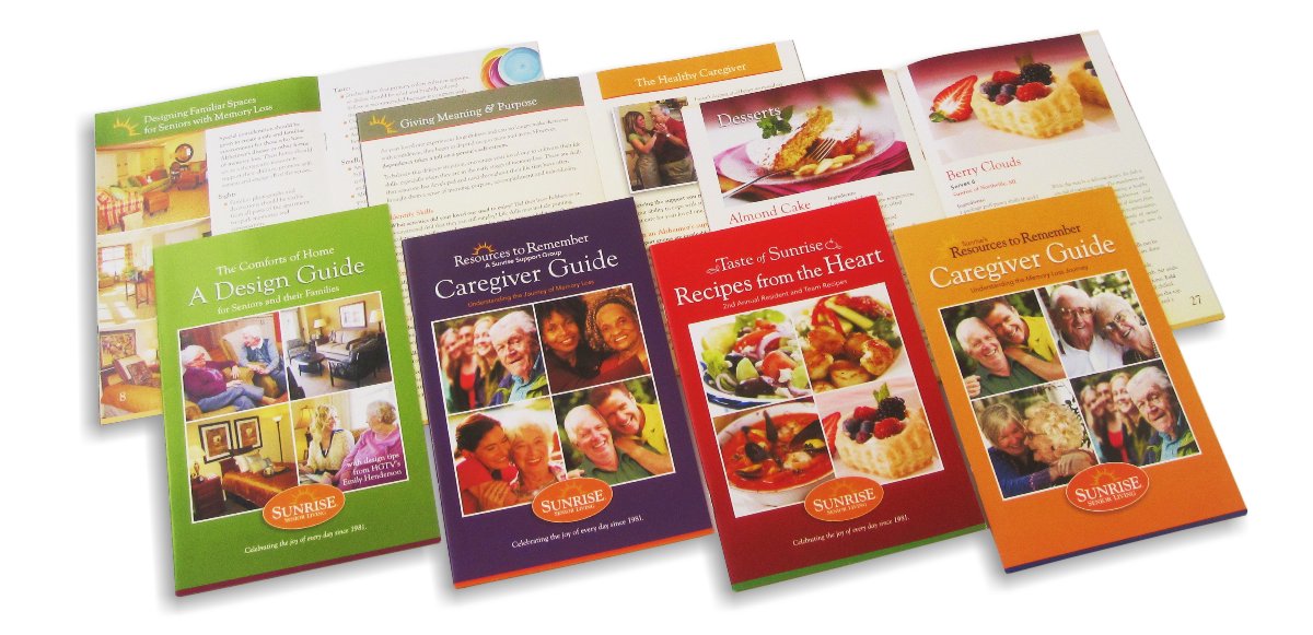 Photo array of four in a series of brochures for Sunrise Senior Assisted Living featuring information on senior living interior design, memory care guidance and a community cook book. Each brochure is the same common size 5.5" wide x 8.5" high, each in a different color, yellow green, plum, chili red and logo orange, each with a grid of four photos 2x2 depicting the subject matter, with titles above and Sunrise Senior Living oval logo below.  