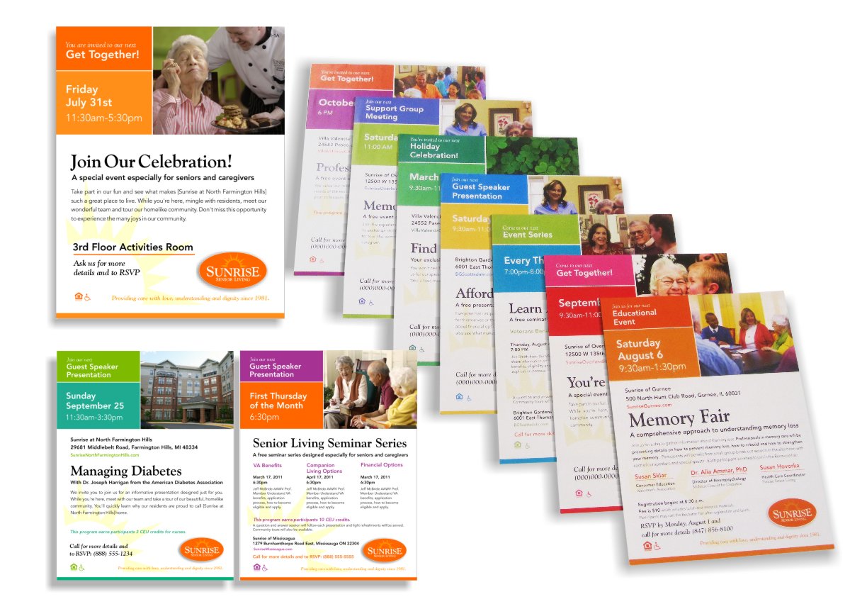 Photo array of print-on-demand collateral posters and flyers incorporating event or holiday specific color combinations, organization of variable text for single or multiple event applications using the same template and thematic feature photos as well as specific local senior assisted community photos 