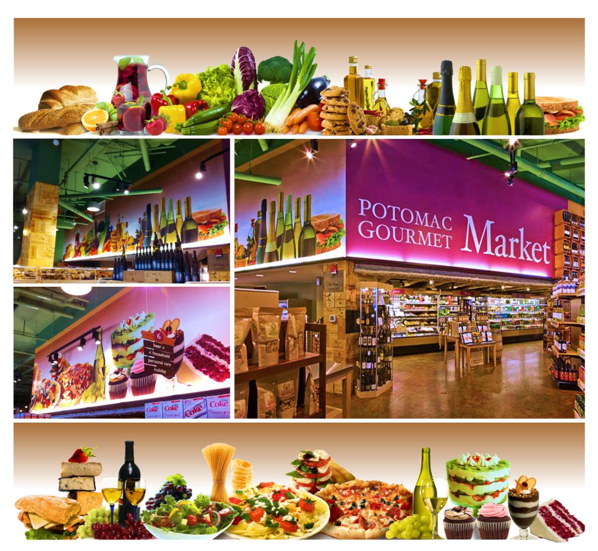 Potomac Gourmet Market at National Harbor is a specialty food and wine merchant. This photo shows two compositions of delicious food in still life wall murals, each 48 inches tall and 25 feet long that include a mouth watering array of colors depicted from left to right with crusty loaves of artisan bread, a pitcher of blood orange sangria, red and yellow peppers, red cabbage, green shallots, purple eggplant, orange carrots, stacks of chocolate chip cookies, tall bottles of golden seasoned herb olive oils, bruchetta, a series of 6 wine bottles with green glass, backlit chardonnay white wine wrapped with gold or black foil and neck bands, followed by a club sandwich on toasted sesame seed bread. The second mural features cheese and cured meats on a crusty French baguette, a stack of creamy white and orange cheeses with black or natural rinds, next to two wine filled goblets with blue stems in front of bunches of green and red grapes, a white bowl with a mixed green salad, a plate of pasta topped with fresh basil, shaved cheese and fresh tomatoes, with a fan of tall dried spaghetti and stacks of dried linguini pasta nests standing behind the plate, next is a stack of fresh mozzarella layered with fresh tomatoes, olives and cracked  ground pepper, a bubbly crusted pepperoni pizza, and ending with sumptuous desserts including a multi layer strawberry and kiwi trifle, two chocolate cupcakes with mocha and strawberry icing, a vanilla and chocolate layered mousse in a goblet and a thick slice of cream cheese frosted red velvet cake. Graphic design by Mark Ksiazewski at Centre Street Creative         