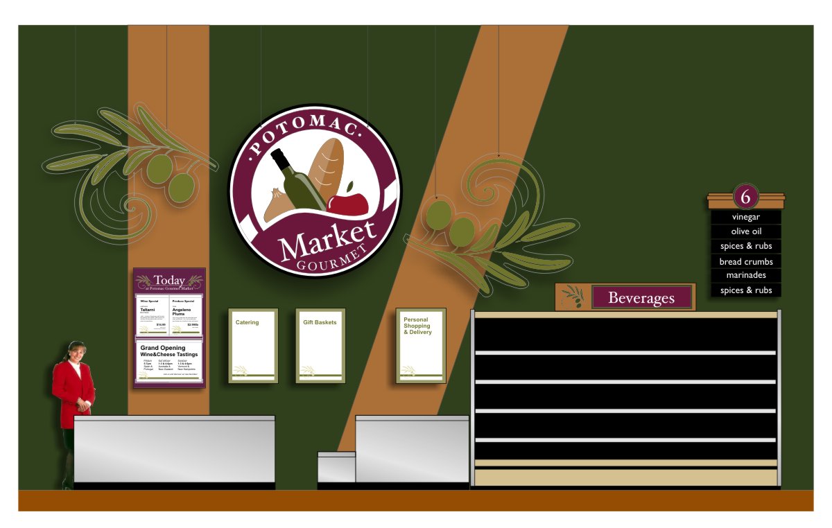 Larger scale drawing showing context composition of graphic branded elements, logo signage, aisle signs and featured special and event signage in brand colors of burgundy, olive, cinnamon and sage with white or black text