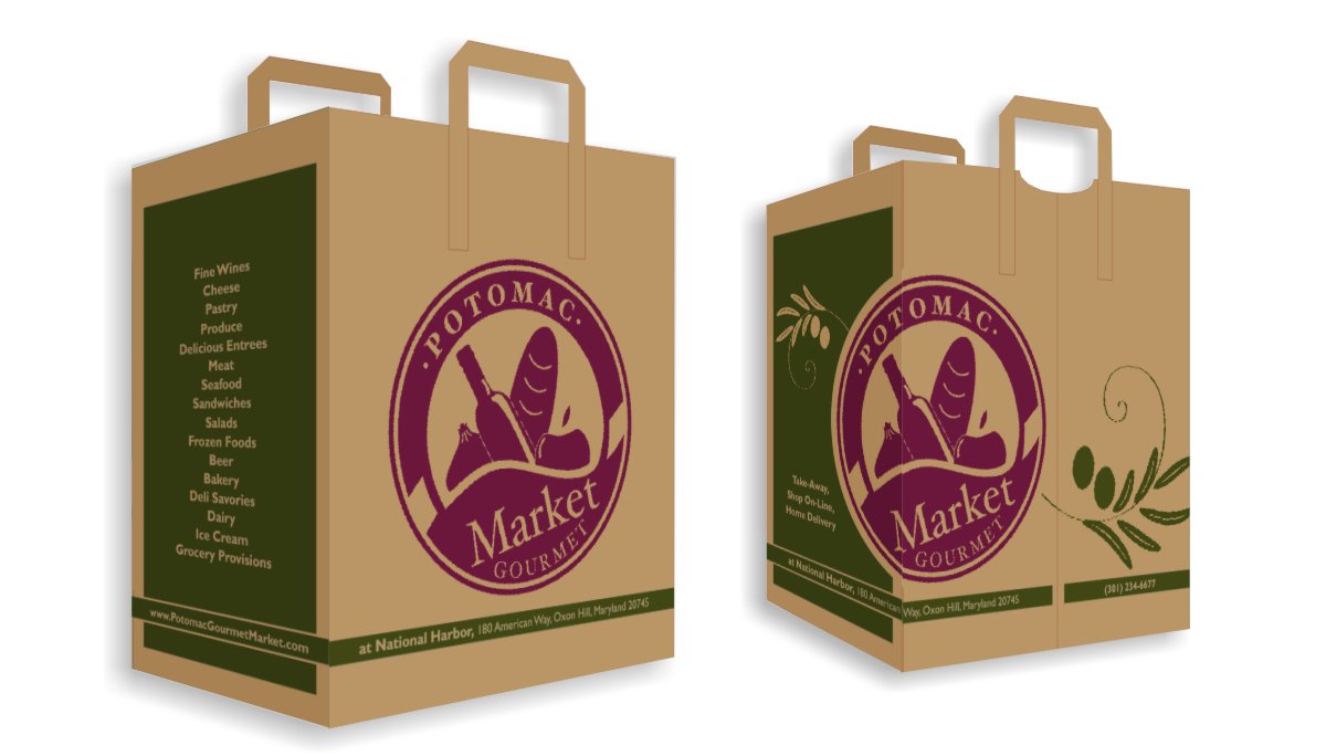 Brand compatible grocery bags with two color printing, burgundy logo emblem and green olive branch motif with olive green side panels including address information and list of product offerings printed on natural craft paper.