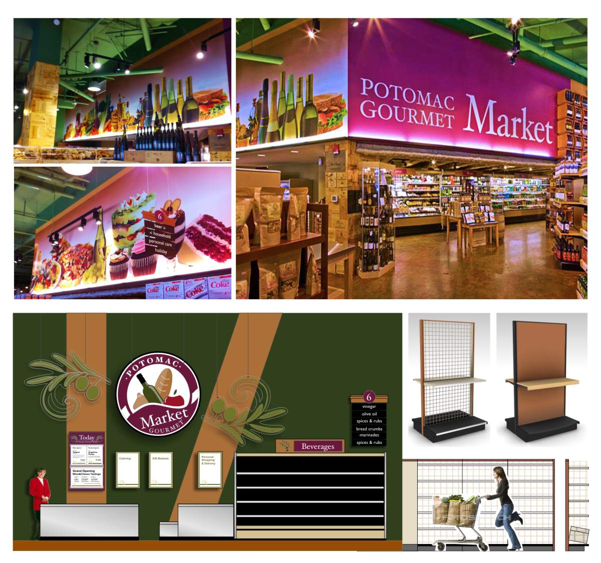 Photos showing interior design elements, grand format printed photo wall murals of food still life imagery, composite elevation of branded graphic elements in context and Lozier grocery display shelving fixtures. Design by Mark Ksiazewski at Centre Street Creative 