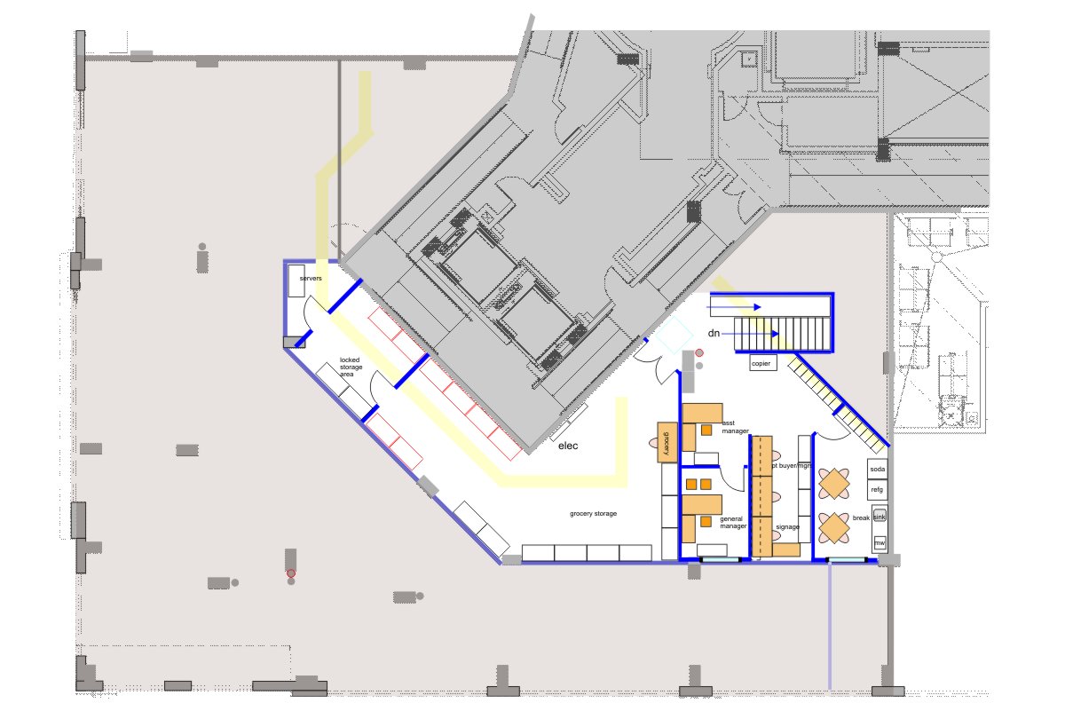 Mezzanine level space plan for management offices, storage space and facilities planning for belt driven conveyor system  