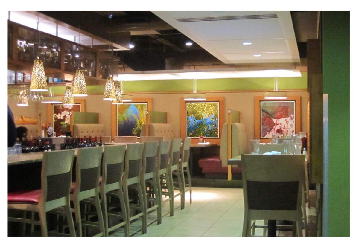 Interior design photo of restaurant dining bar, Hunter Douglas accoustic ceiling clouds, sandblasted green marble top with burgundy and white marble veining and wheathered cedar finsh bar stool furnishings 