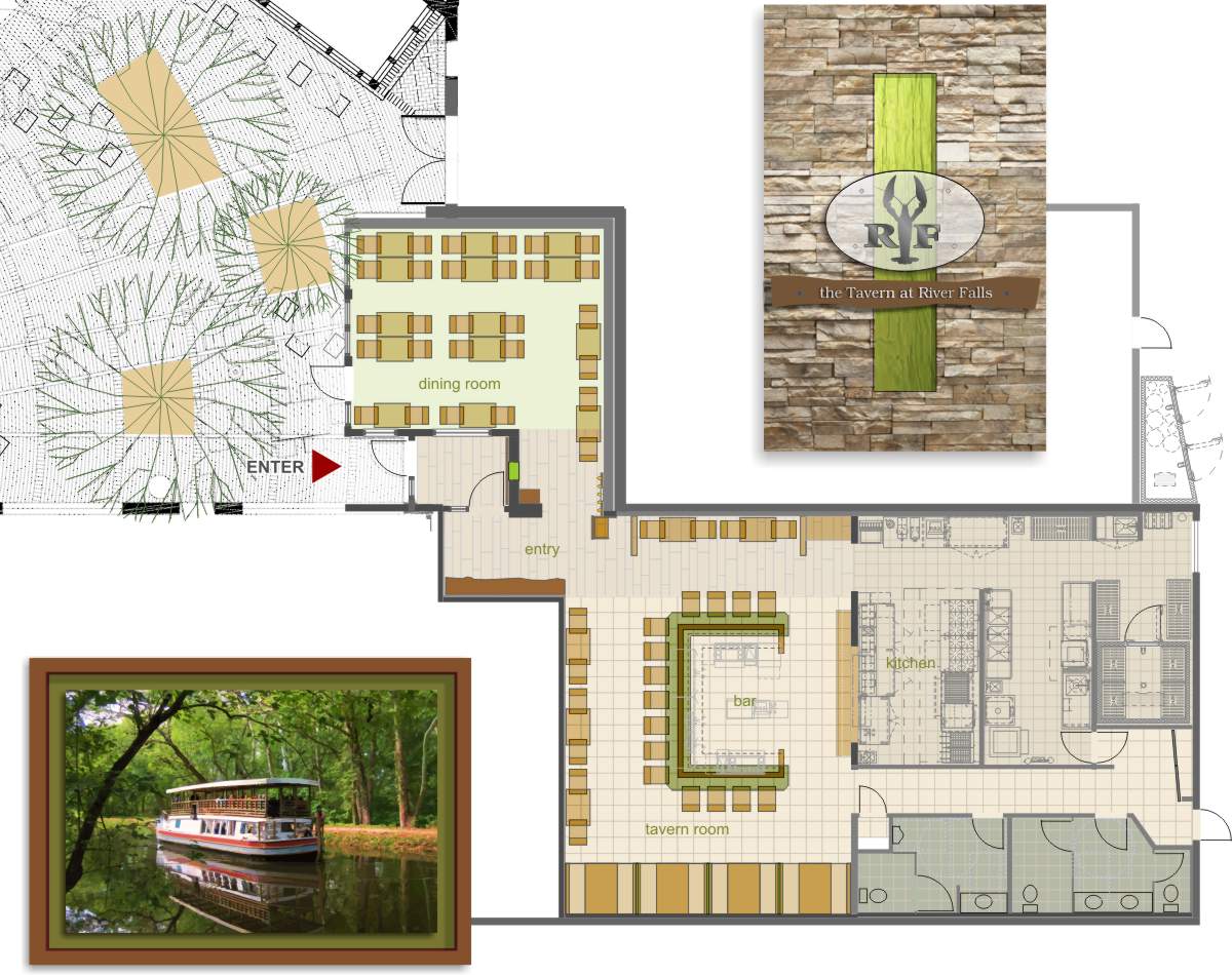 Color rendering of the interior floor space plan and seating, dining bar and kitchen area layout by Centre Street Creative facilities planning