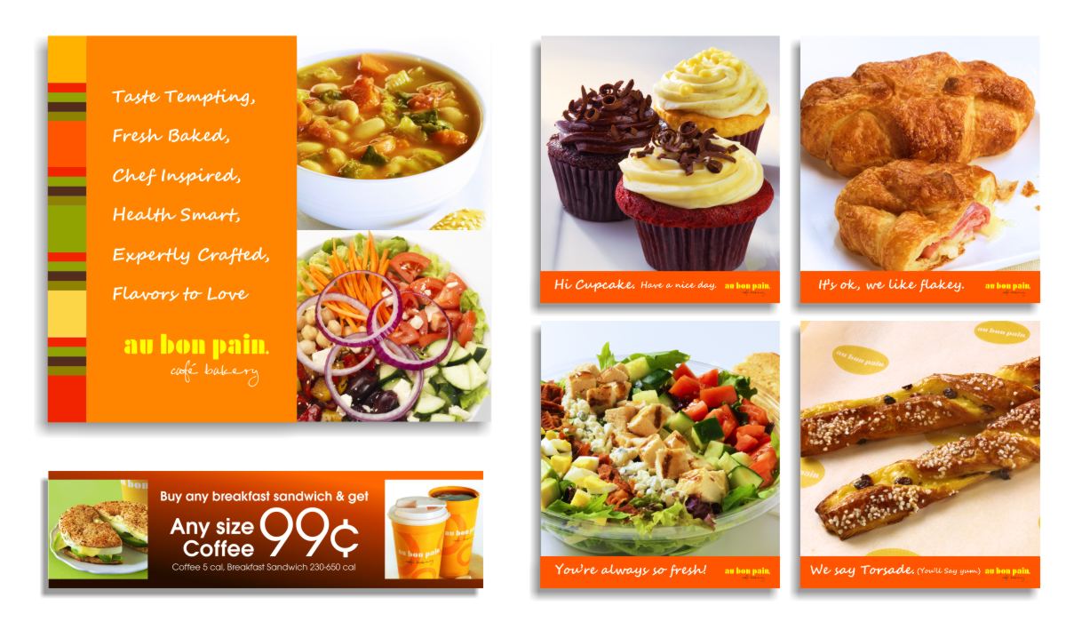 Modular food photo and brand text system and companion welcoming posters, cross merchandising promotions and brand promise summation poster layouts