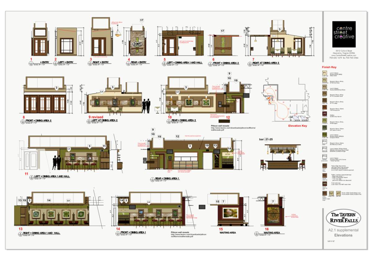 Restaurant interior design context elevations rendered with color materials and finishes artwork and furniture sampling by Centre Street Creative