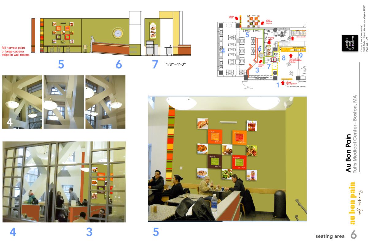 Modular food photo and brand text system illustrated in context photos for installation at Tufts Medical Center fast casual dining restaurant